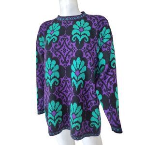 Vintage Dana Scott Sweater Woman Large Purple Green Floral Metallic Knit‎ Party